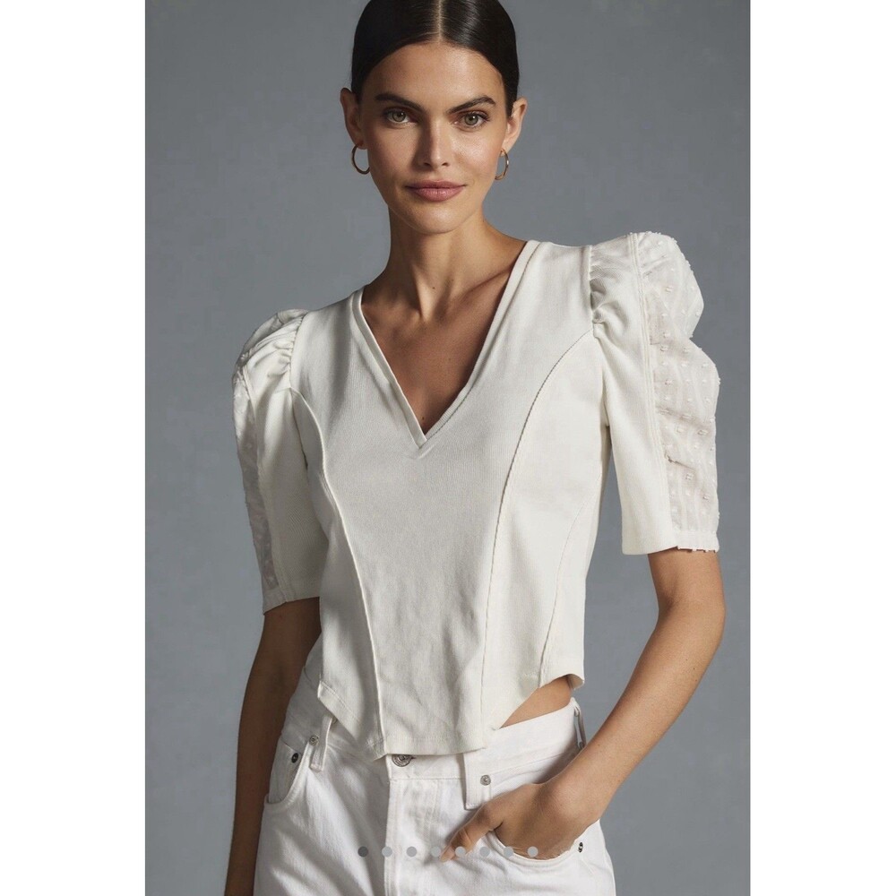 By Anthropologie Puff-Sleeve Structured V-Neck Tee Blouse T-Shirt Ribbed XS